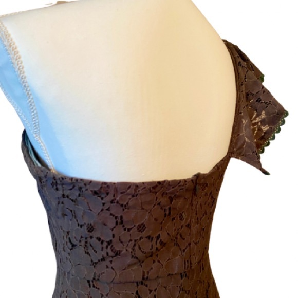 Brown Lace Ruffled One-Shoulder Sheath Dress w/ Green Trim by 5th Culture (L) - Picture 13 of 14